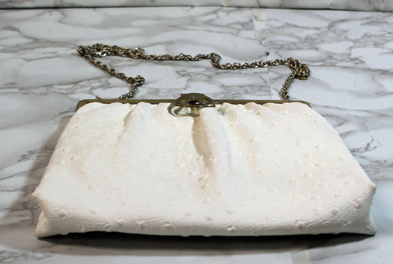 Harry Levine Purse: White Ostrich Leather Evening Clutch Bag