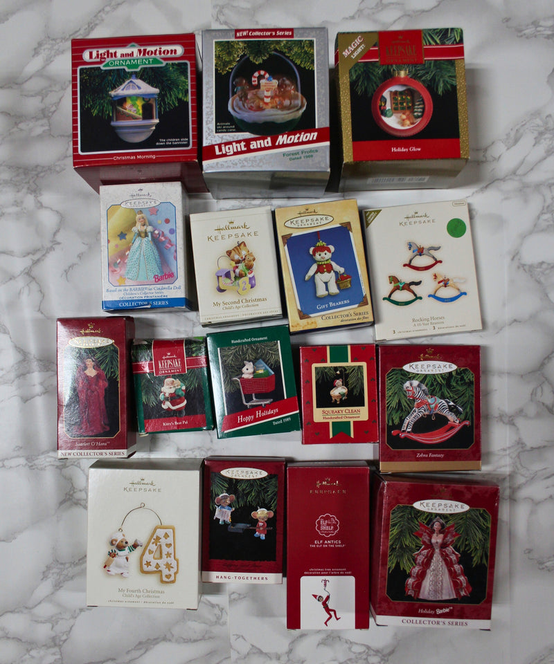 Lot of 15 Hallmark Ornaments - Barbie, Santa, Cinderella, Elf on a Shelf, & More