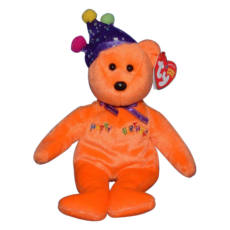 Ty Beanie Baby: Happy Birthday the Bear - Orange - Candle Hat