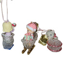Precious Moments Ornament 103694, Set of 3- Kitten/Girl with Candy/Boy in Sled