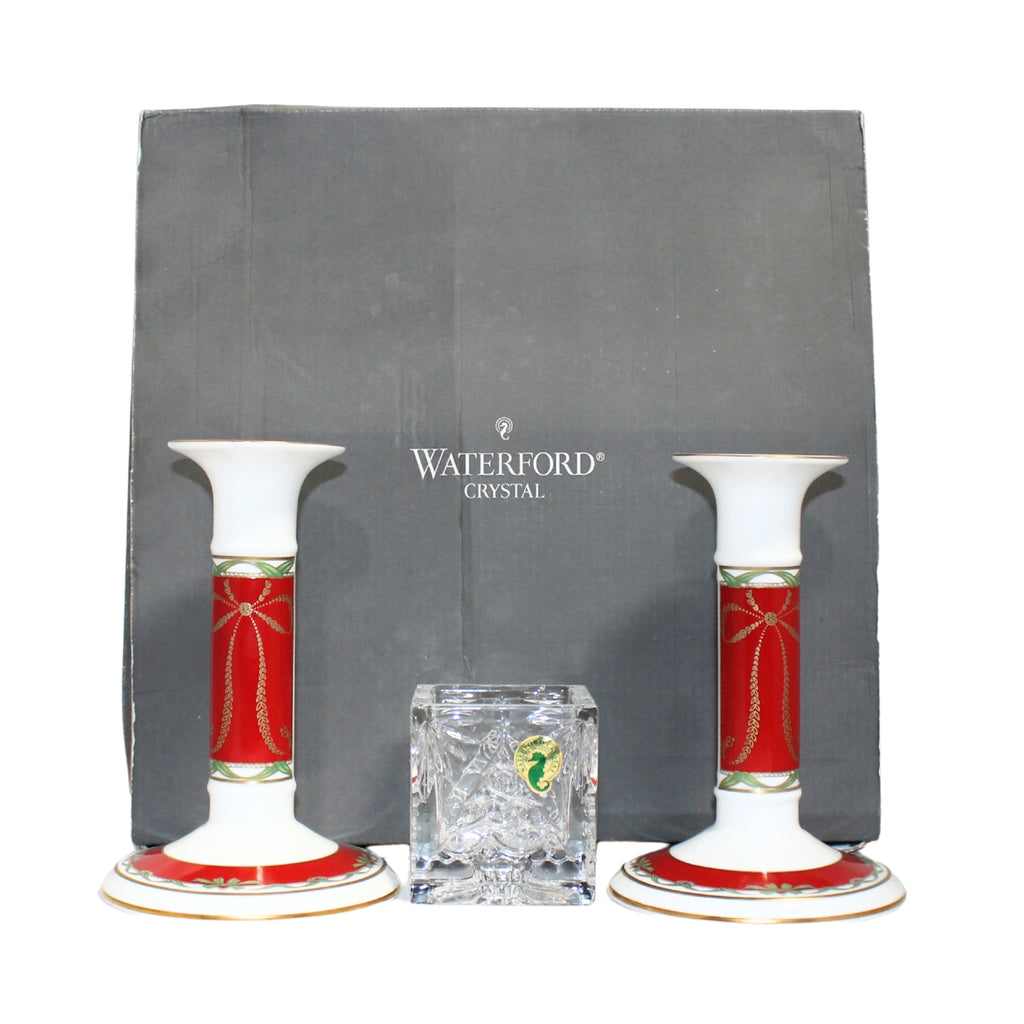 Waterford Holiday Ribbons Candlesticks with Happy Holidays Tree Votive, 6.4" - Boxed Set of 3