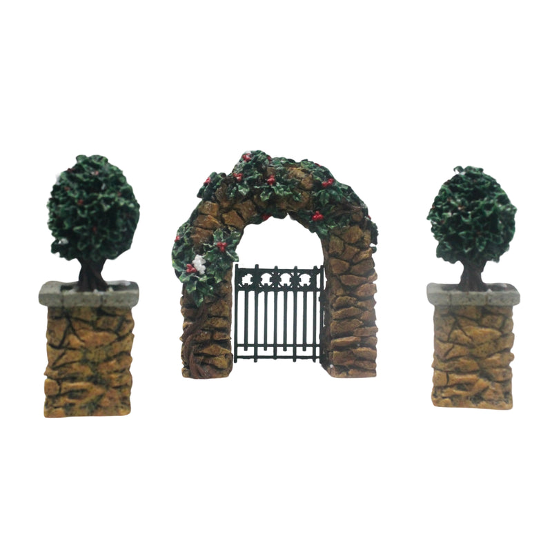 Department 56: 52648 Stone Corner Posts With Holly Tree and Stone Archway - Set of 3