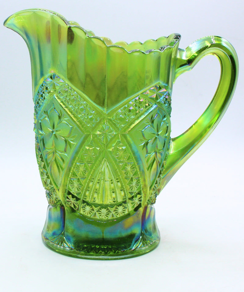 Tiara Green Carnival Glass Pitcher