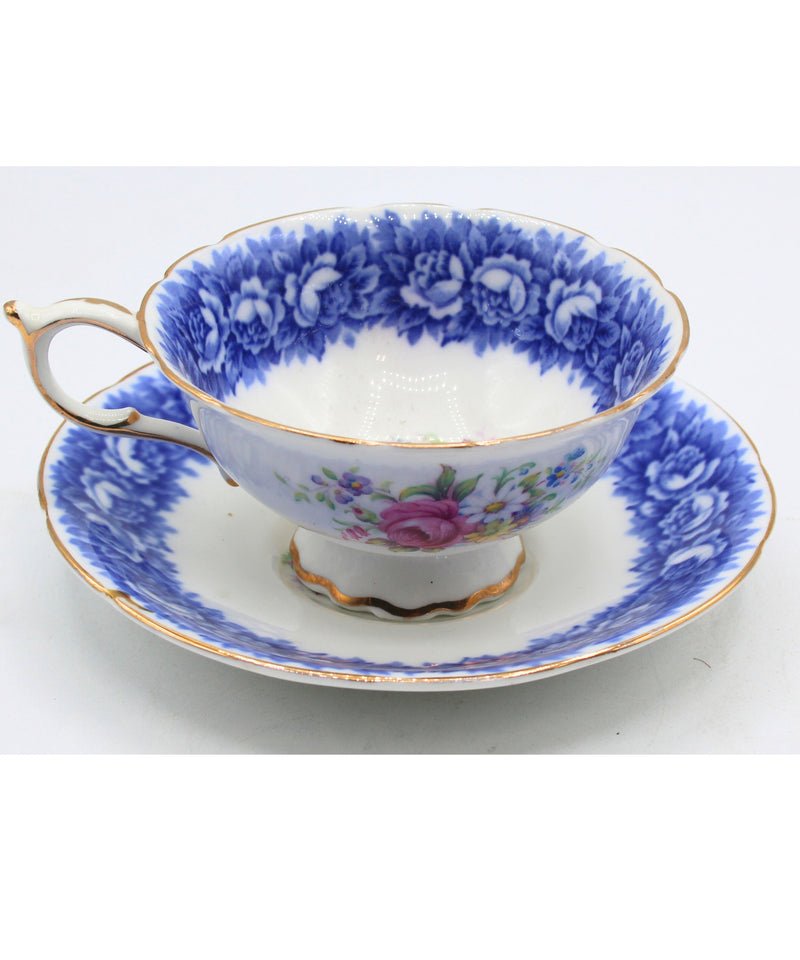 paragon Blue and Cabbage Rose Border Footed Teacup and saucer