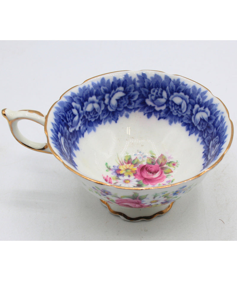 paragon Blue and Cabbage Rose Border Footed Teacup and saucer