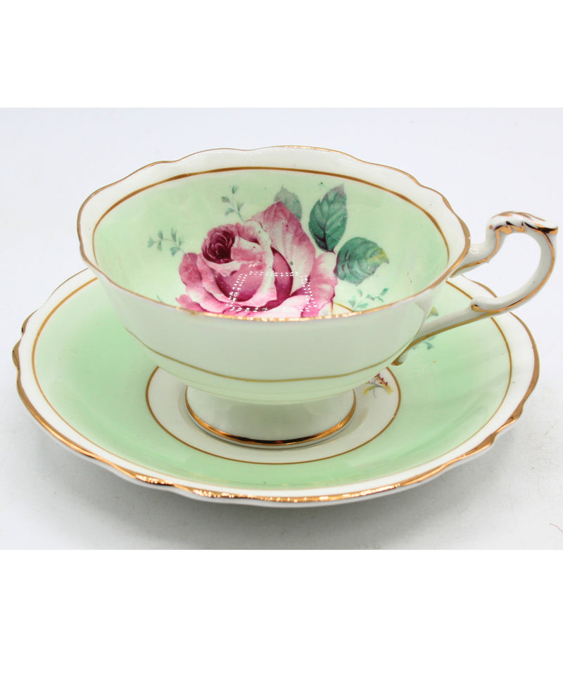 Paragon Green Cabbage Rose Teacup and saucer