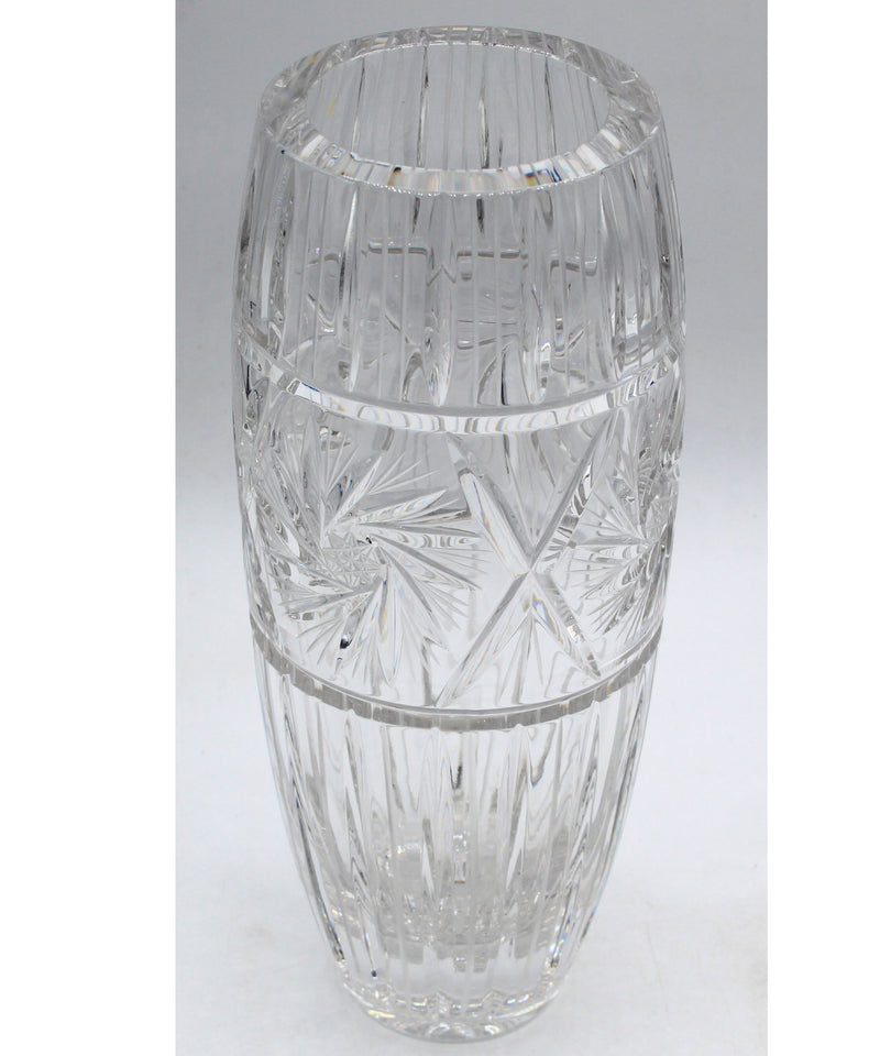Czech Star Laced Etched Crystal Barrell Vase with Pinwheel Design
