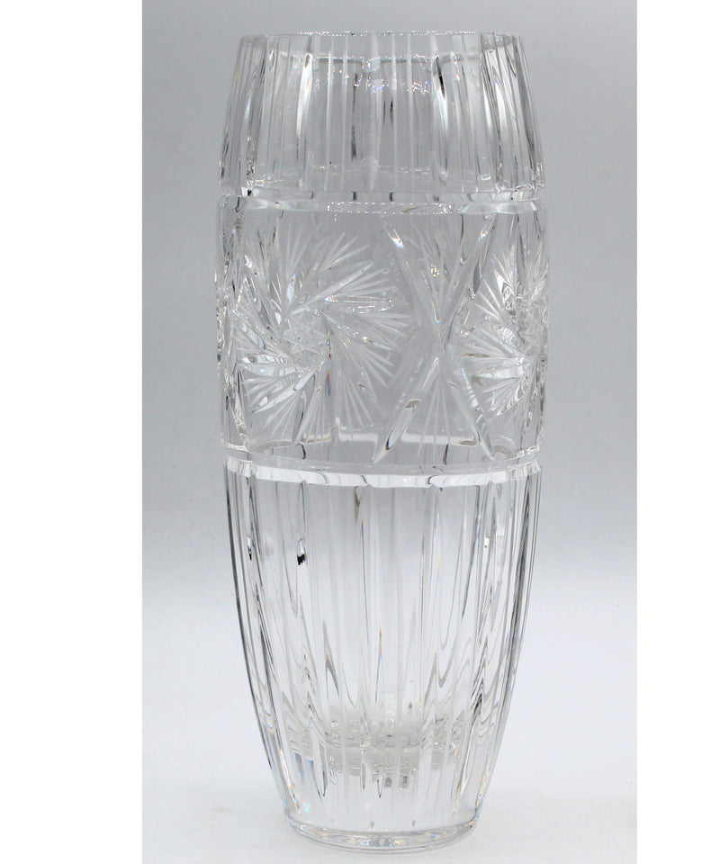 Czech Star Laced Etched Crystal Barrell Vase with Pinwheel Design