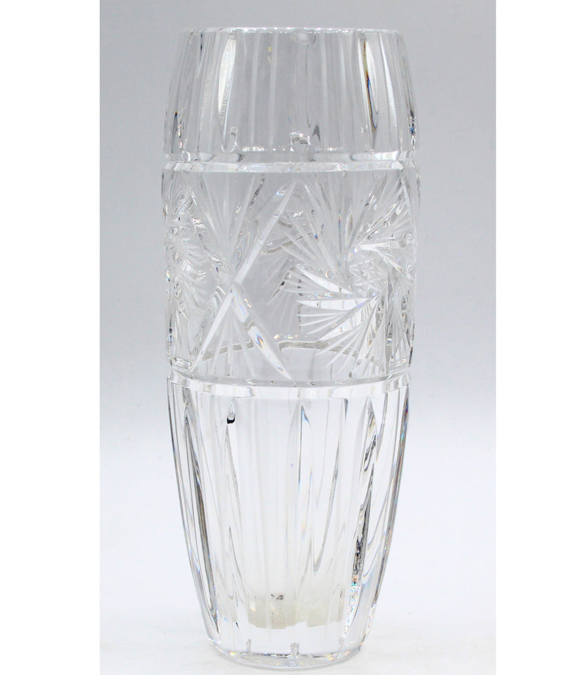 Czech Star Laced Etched Crystal Barrell Vase with Pinwheel Design