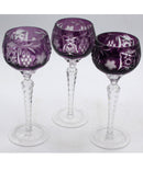 3 Ajka Marsala Amethyst Cut Crystal Wine Glasses