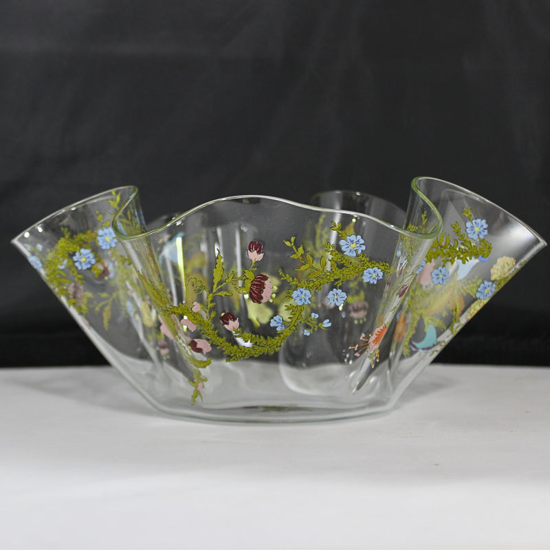 Dorthy Thorpe Flower Painted Glass Bowl - Handkerchief Ruffled