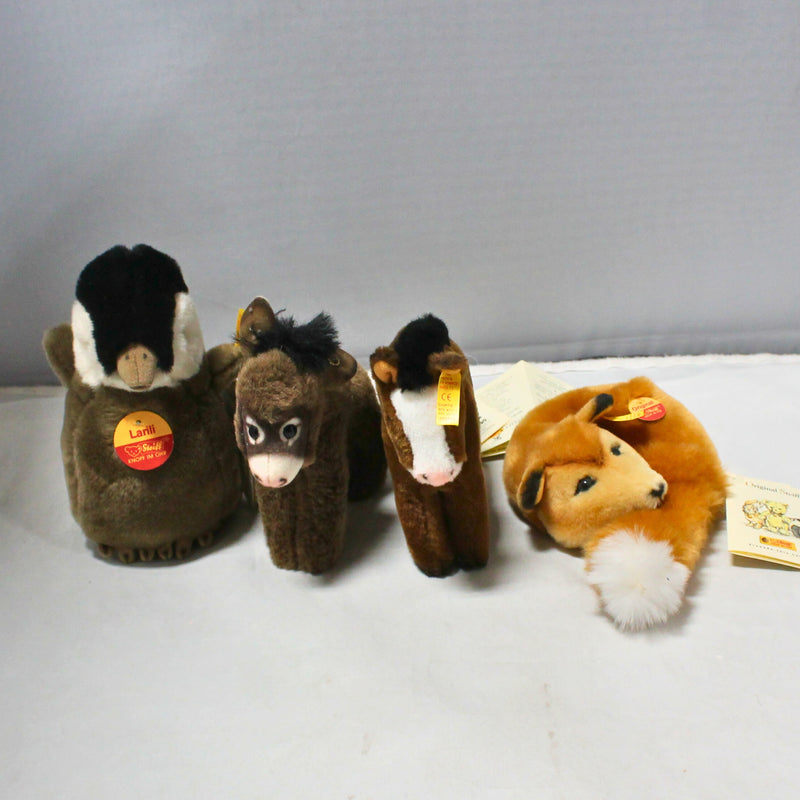 Lot of 4: Steiff Stuffed Fox, Penguin, Horse, & Donkey - 089107, 063572, 052552