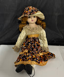 Vintage Porcelain Doll Red Hair Floral Dress Hat Collectible Display Doll