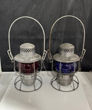 Vintage Kero Railroad Signal Lantern Pair Red & Blue Glass Globe Lanterns