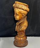Vintage Victorian Boy Bust Pedestal Faux Wood Finish Heavy Decorative Sculpture Statue