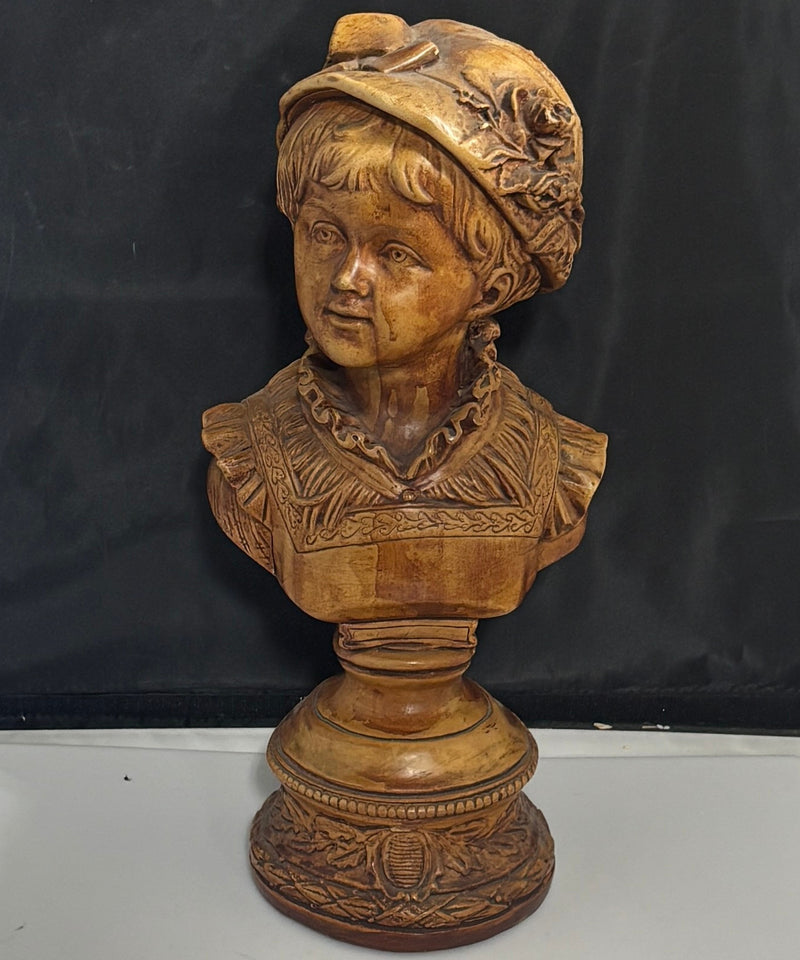 Vintage Victorian Boy Bust Pedestal Faux Wood Finish, Heavy Decorative