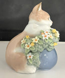 Lladro 6567 Sleepy Kitten Cat w/ Flowers Porcelain Figurine Spain Box Damaged Flowers
