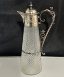 Victorian Silverplate & Etched Cut Glass Claret Jug Decanter Hinged Lid