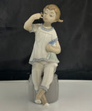 Lladro Seated Girl Holding Doll Porcelain Figurine Blue White Doll Head Cracked