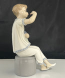 Lladro Seated Girl Holding Doll Porcelain Figurine Blue White Doll Head Cracked