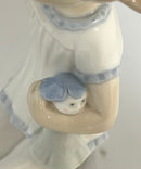 Lladro Seated Girl Holding Doll Porcelain Figurine Blue White Doll Head Cracked