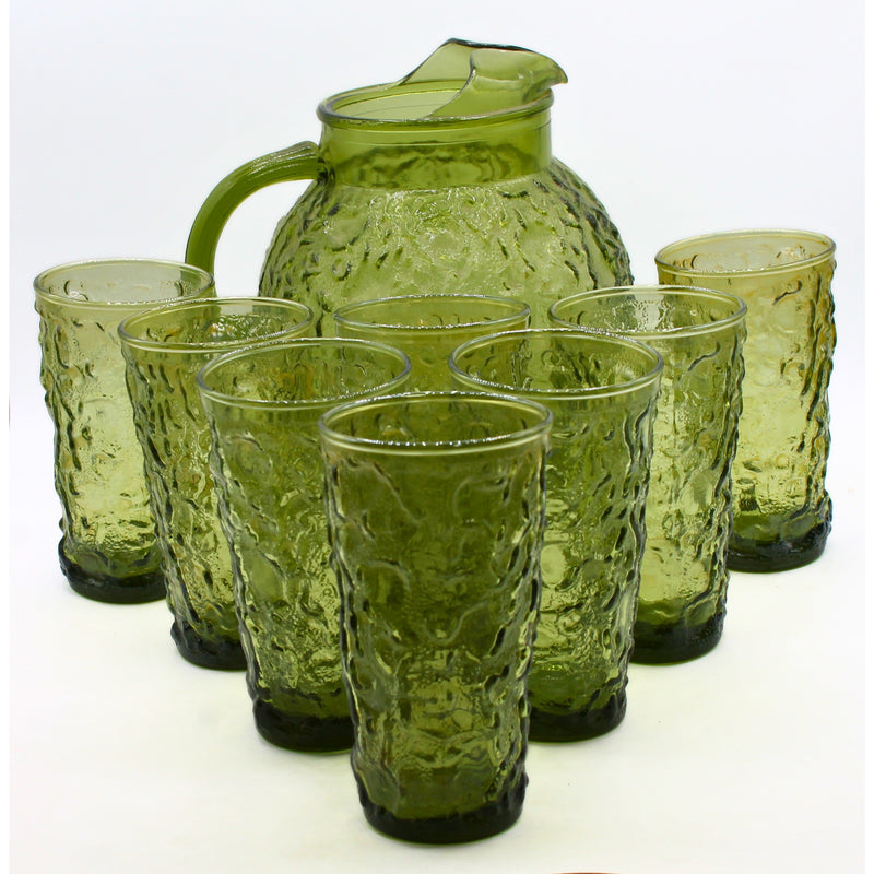 Anchor Hocking Milano Lido Green Ball Pitcher & Tumbler Glasses | Please Read