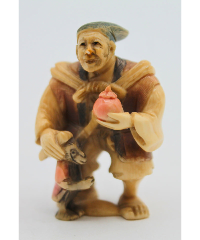 Antique Signed Japanese Netsuke - Man & Monkey