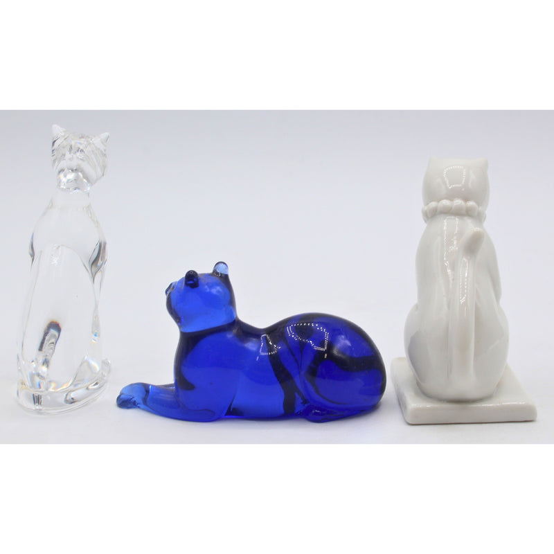 Lot of 3: Franklin Mint Curio Cabinet Cats - Clear, Blue, White