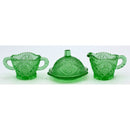 Lot of 3: Green Depression Glass Cream, Sugar, and Covered Dish