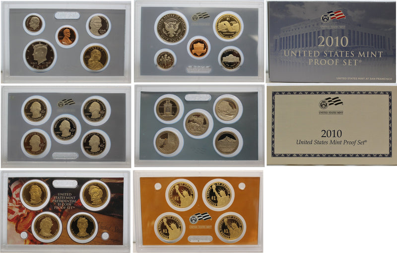 2010 Proof set 10 Pack CN-Clad Kennedy, Presidential Dollar, State quarters OGP 140 coins