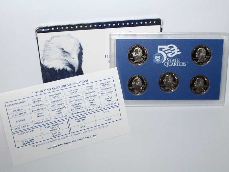 1999 State Quarter Proof Set CN-Clad (OGP) 5 coins