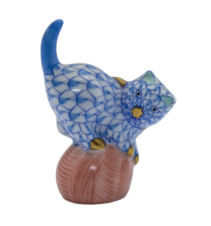 Herend Figurine: 5221 Mischevious Cat on Yarn - Blue