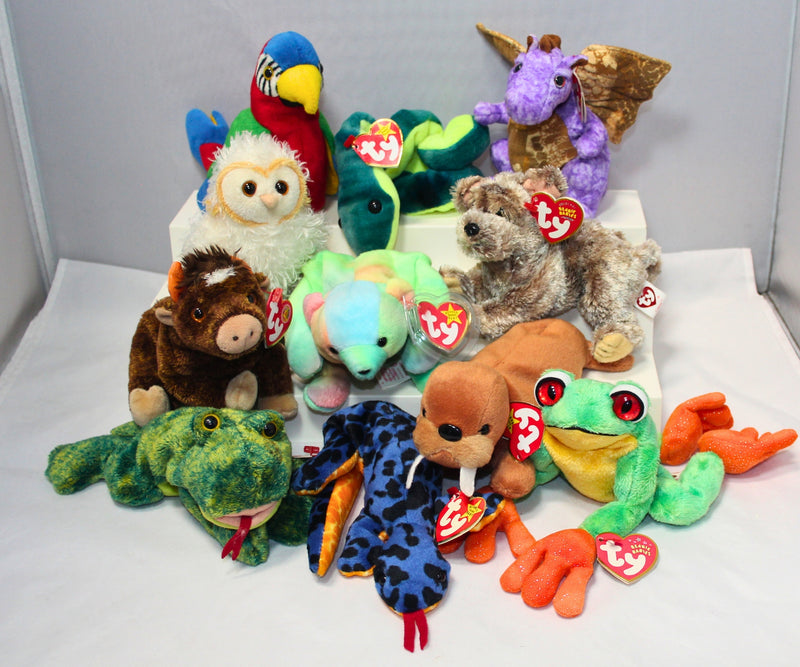 Lot of 11 Beanie Babies | Non-Mint Tags |Dogs, Dragons, Frogs & More