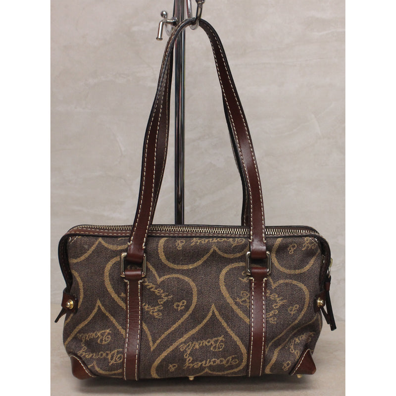 Vtg Dooney Bourke Denim Hearts Brown Signature Bag Purse Leather Strap