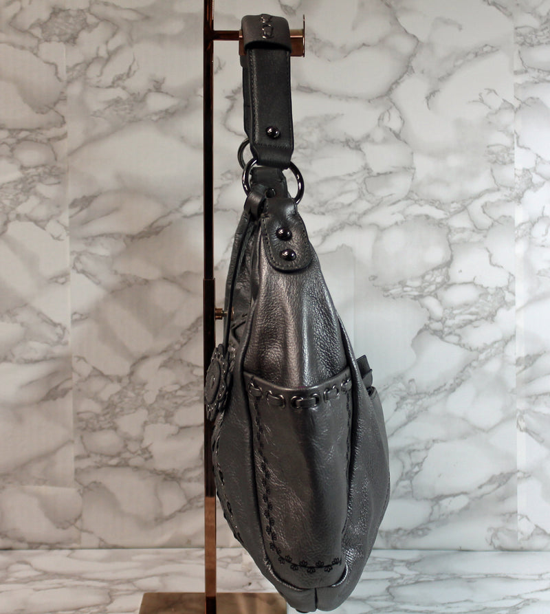 Fiore Purse: Grey Embroidery Stitch Leather Hobo Bag