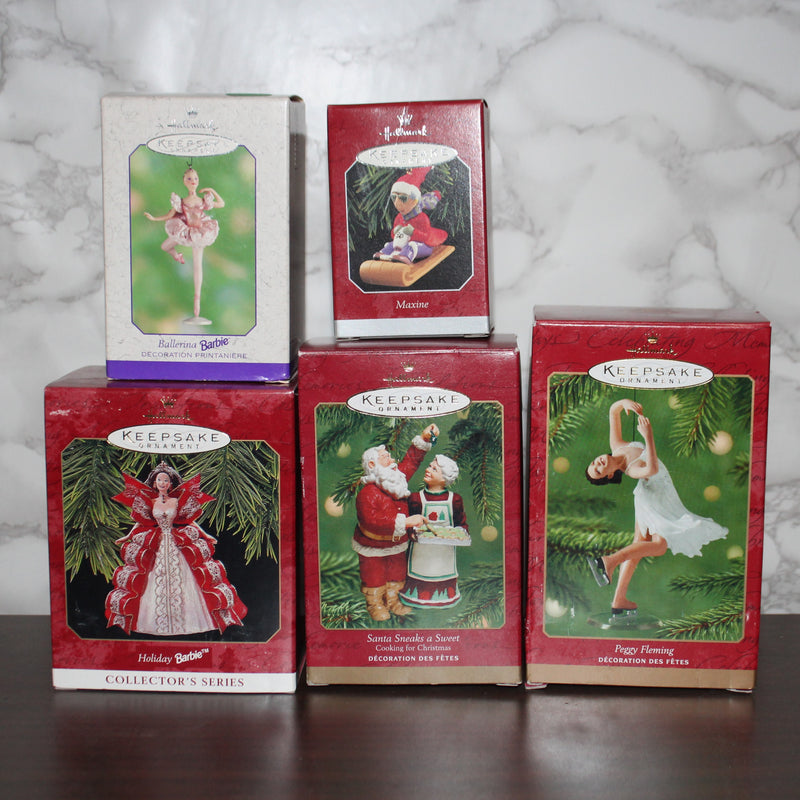 Lot of 5 Hallmark Ornaments - Barbie, Maxine, Santa, & More