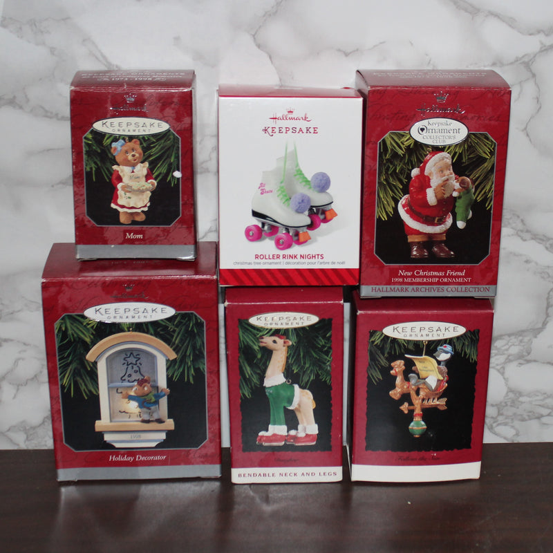 Lot of 6 Hallmark Ornaments - Santa, Roller Rink, & More