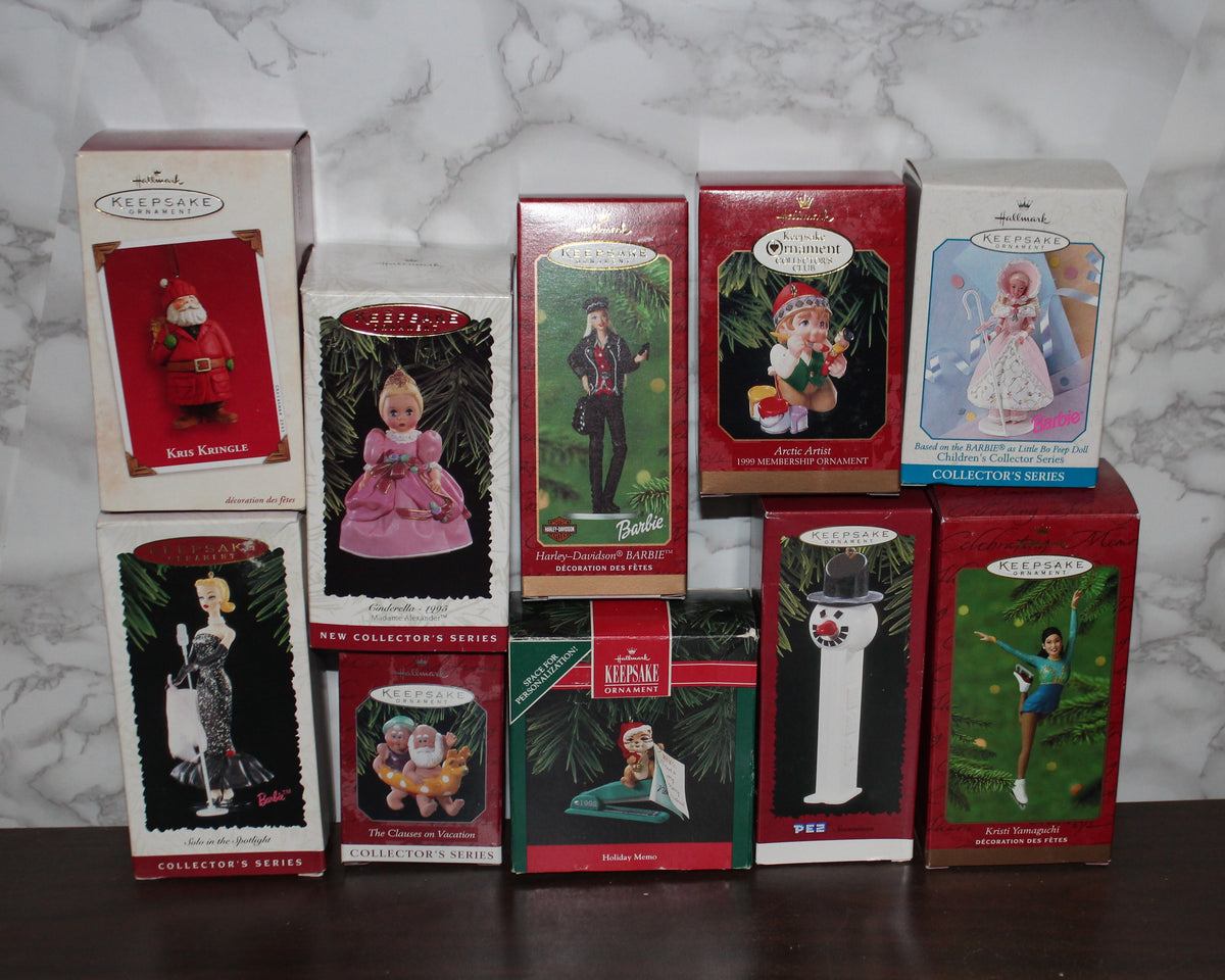 Lot of 10 Hallmark Ornaments Barbie Pez Madame Alexander More