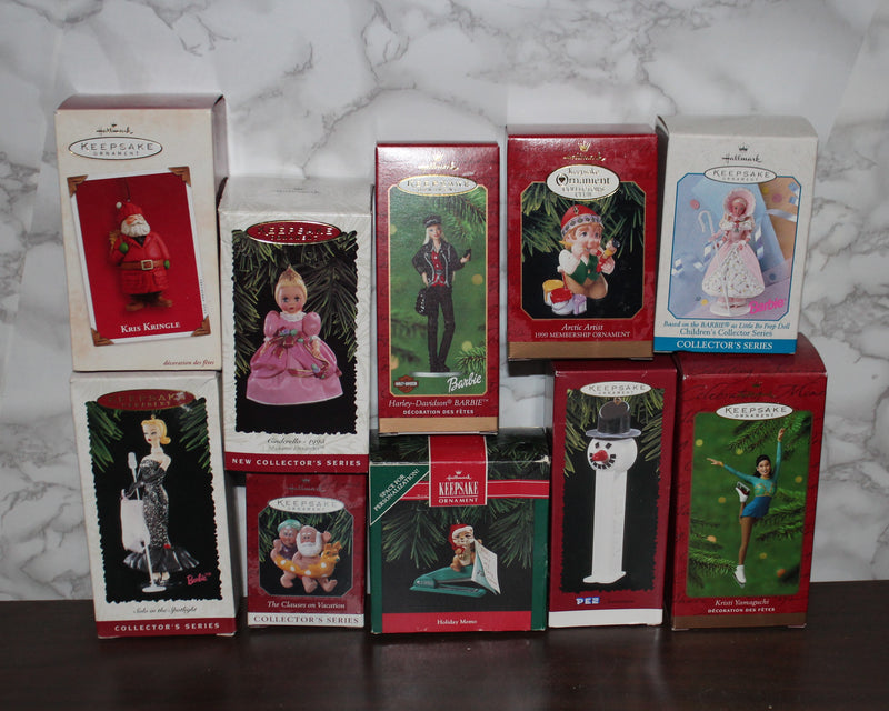 Lot of 10 Hallmark Ornaments - Barbie, Pez, Madame Alexander, & More