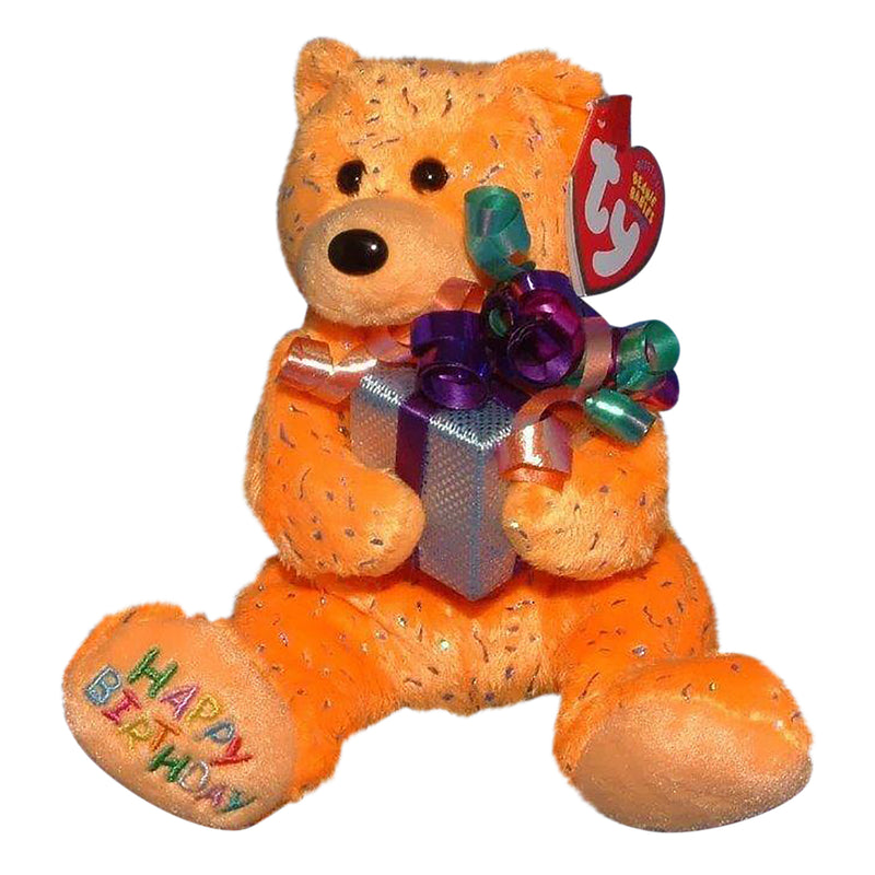 Ty Beanie Baby: Happy Birthday the Bear - Orange - Holding Gift