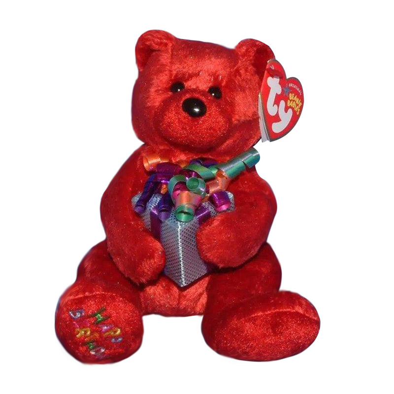 Ty Beanie Baby: Happy Birthday the Bear - Red - Holding Gift