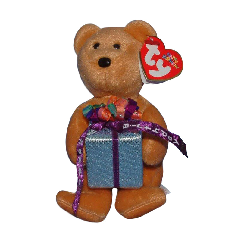 Ty Beanie Baby: Happy Birthday the Bear - Brown - holding gift